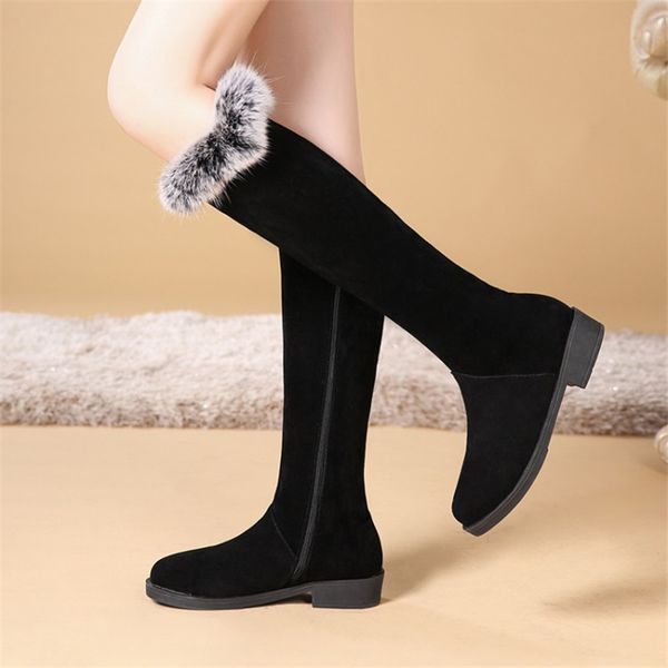 

pxelena 2020 riding women knee high snow boots faux suede low heels fur plush winter warm female shoes large size 34-45, Black