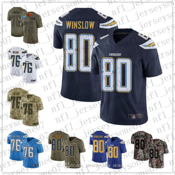 

Custom Mens youth new los angeles chargers 76 Russell Okung 80 Kellen Winslow blue Football 100th Season Vapor Limited Jersey
