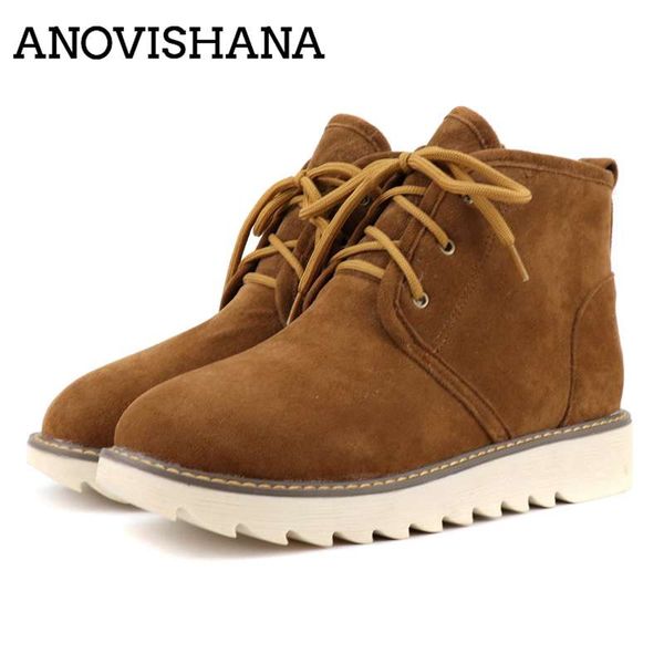 

anovishana winter women ankle snow boot leather fur wedges warm plush rubber platform lace up casual footwear ladies shoes botas, Black