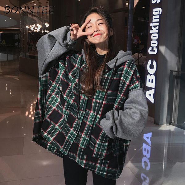 

толстовки thicker негабаритных женщин с капюшоном лоскутной chic плед batwing рукав корейским стиль модные женщины вскользь фуфайки студенты, Black