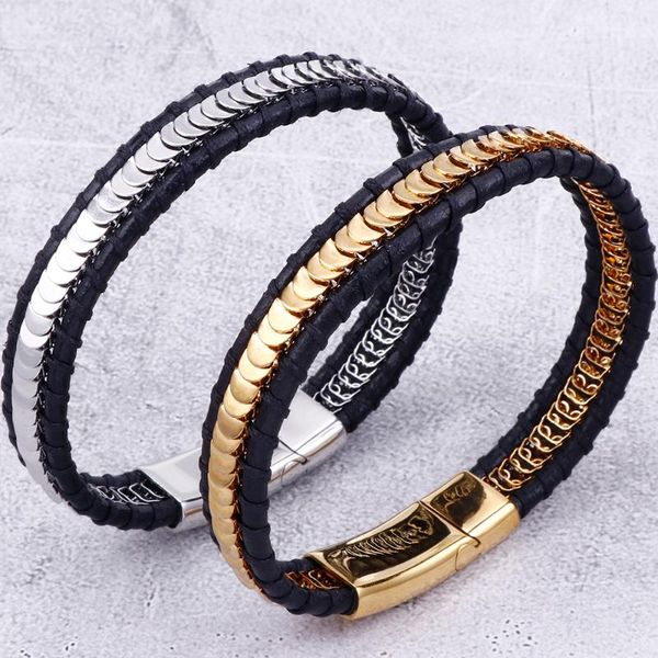 

genuine leather bracelet men with magnet clasp stainless steel mens wrap bracelets & bangles 2020 friendship hand jewelry, Golden;silver