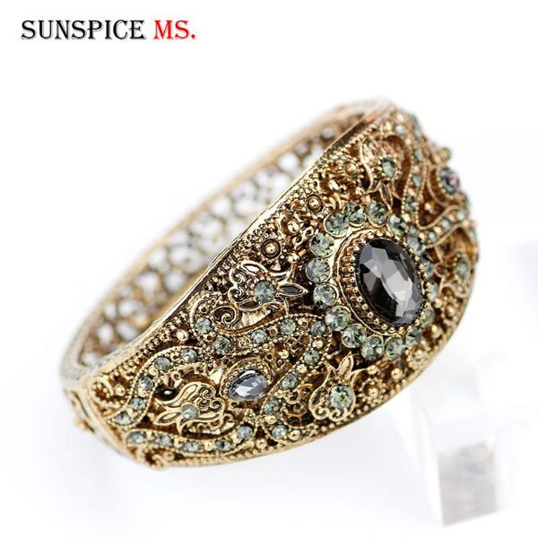 

sunspicems vintage gray crystal charm bracelet for women turkish bangle retro gold color bohemia wedding jewelry festival gift, Black
