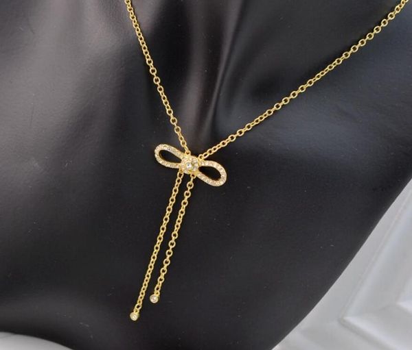 

pendant necklaces csxjd copper bowknot full crystal inlaid double tassel simple short necklace, Silver