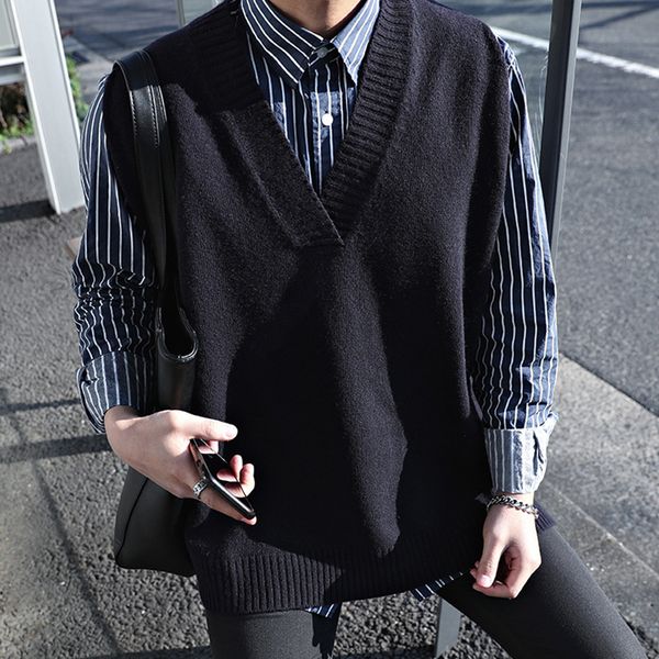 

winter men's slim fit sleeveless cashmere knitting woolen pullover casual sweater waistcoat vest v-neck sleeve single knit, Black;white