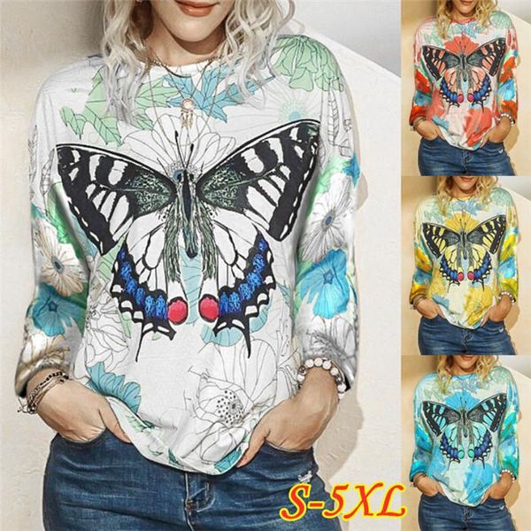 

autumn women tshirts plus size t shirts womens designer long sleeve clothing batterfly pattern o neck slim, White