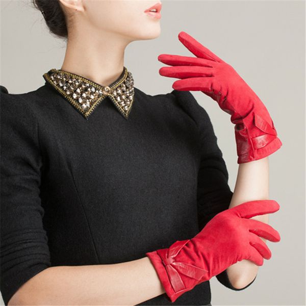 

hats, scarves & gloves sets fashion bridal bow splicing sheepskin gloves, winter warm leather to keep out the cold, Blue;gray