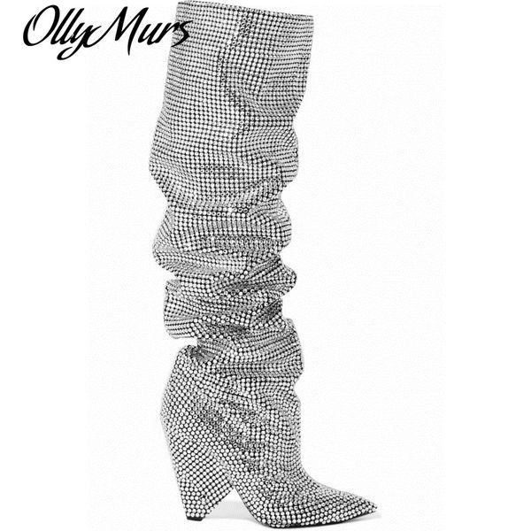 

runway shoes luxury 2020 glitter leather crystal shoes woman thick spike heels knee high boots slip on fashion long boots, Black