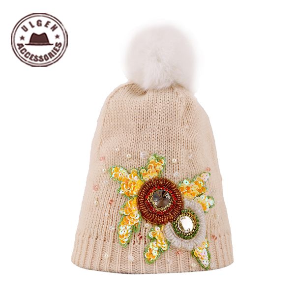 

ulgen designed jewelry beanie hats beige knitted hat with flower winter knitting needles with ball cap [hul121g4600, Blue;gray