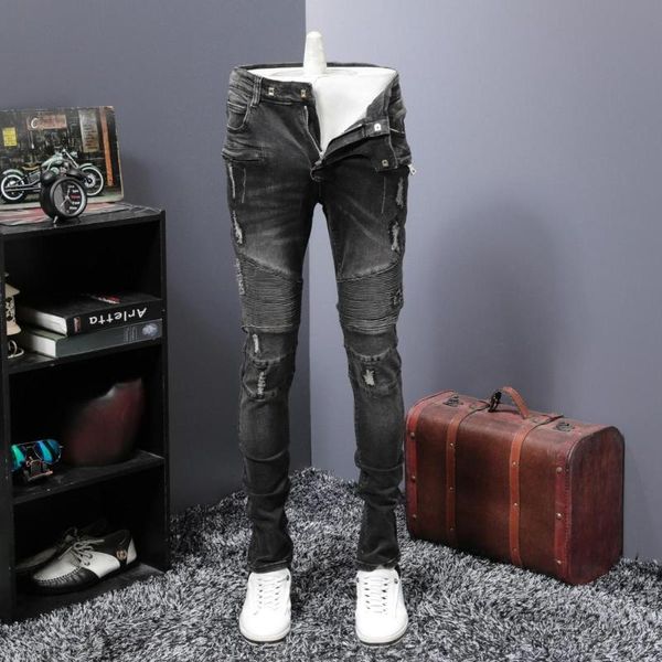 

vintage men's ripped pants jeans black gray slim fit pencil pants patchwork trousers j37, Blue
