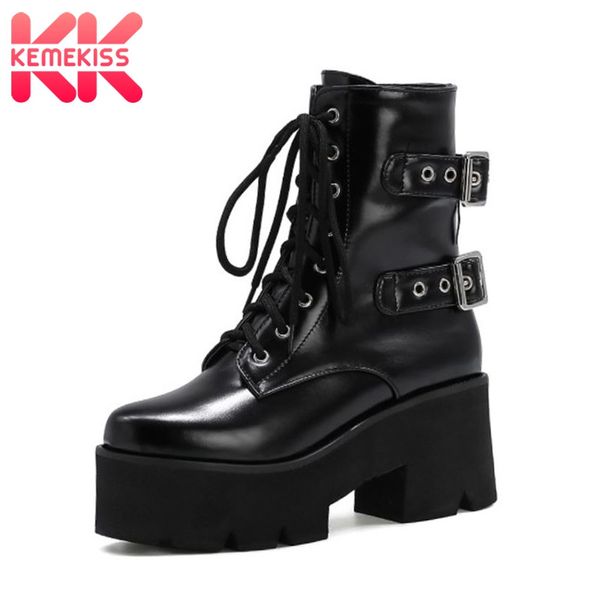 

kemekiss women ankle boots shoes round toe zipper cross strap thick bottom buckle punk motorcycle boots footwear size 32-43, Black
