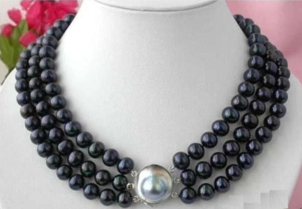 

chains 3 row 8-9mm black tahitian pearl necklace 17-19inch shell clasp, Silver
