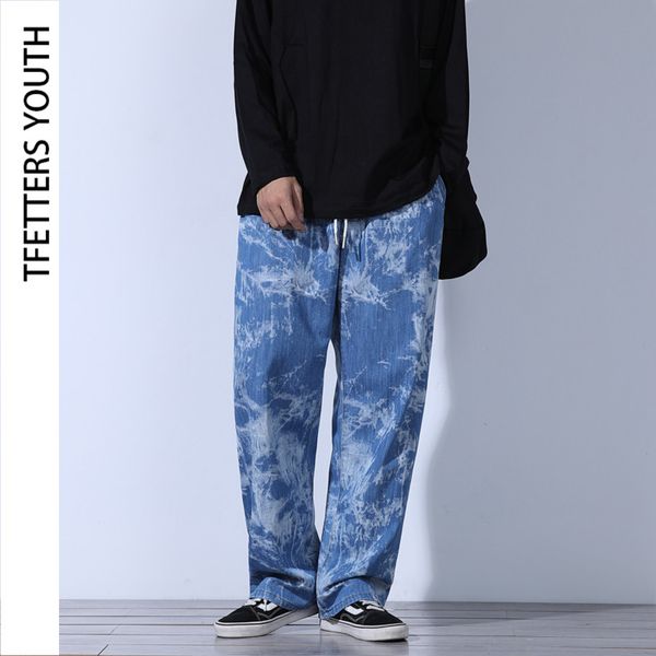 

tfetters summer thin fashion men jeans loose drawstring mid straight pants men japanese plus size tie-dye hip hop wide leg jeans, Blue