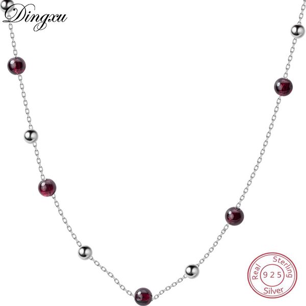 

dingxu 100% real 925 sterling silver red garnet stone bead chain necklaces for women statement necklace choker fine jewelry 2020