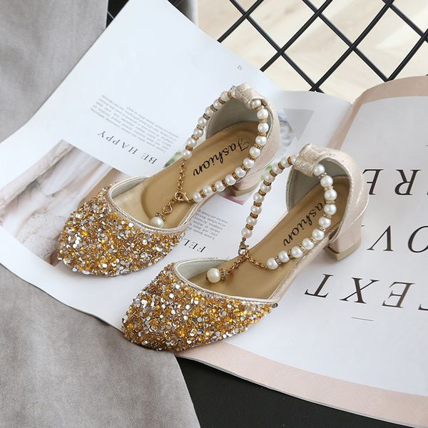 

new kids glitter beading sandal summer shoes for children girls with high heels princess sandals 3 4 5 6 7 8 9 10 11 12 years, Black;grey