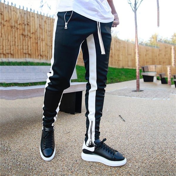 

fashion mens pant long color block street patchwork zippers elastic casual pencil comfortable autumn men pants, Black