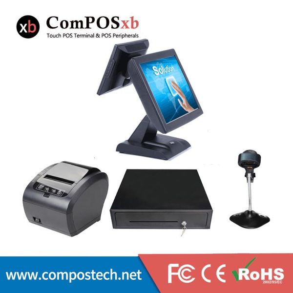 

pc epos led terminal wholeset dual screen resistive touch screen wtih printer barcode scanner cash drawer cash register