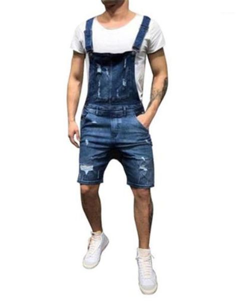 

одежда дизайнерские мужские жан комбинезон лето тощий короткие дырки жан рабочие штаны мужчина, Blue