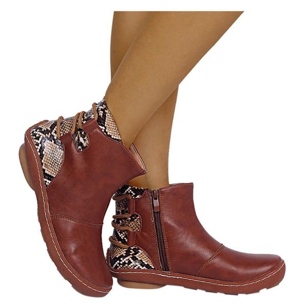 

женские сапоги ретро женщины кожи плоские lace-up серпантин печать короткие пинетки круглый toe обувь лето обувь женщин насосы, Black