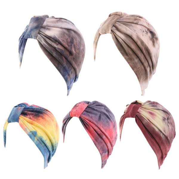 

women ethnic gradient tie-dye turban hat hair loss chemo cap knot muslim hijab