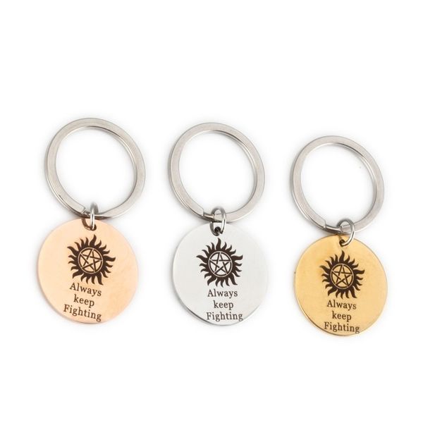 

round keychain man letter key chain women keep fighting key holder couples sun keyring pentagram pendant zinc alloy porte clef, Silver