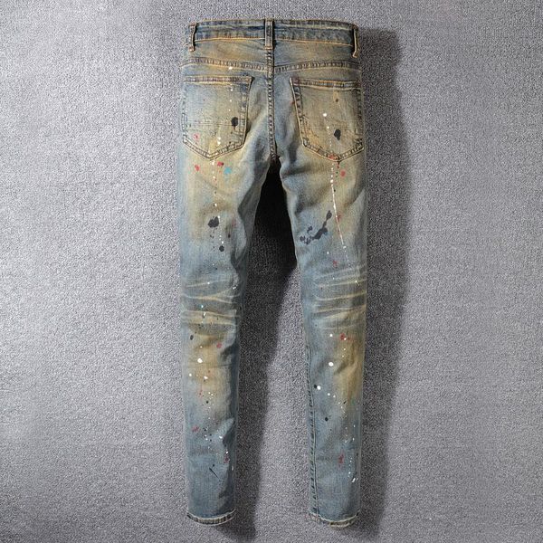 

holes men's painted ripped torn vintage blue distressed stretch denim pants slim fit male jeans