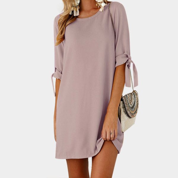 

zanzea solid scoop neck half sleeve loose chiffon short vestidos 2020 summer women elegant bow tie party beach mini dress, Black;gray