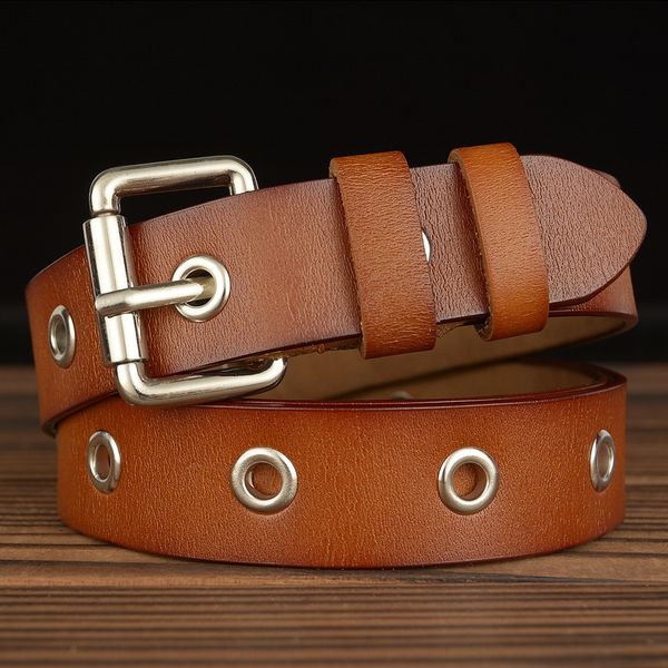 

подлинная женская мода отверстие заклепку два слоя подлинная студент коровьей коровьей ремень женский молодежный декоративный пояс студент k, Black;brown