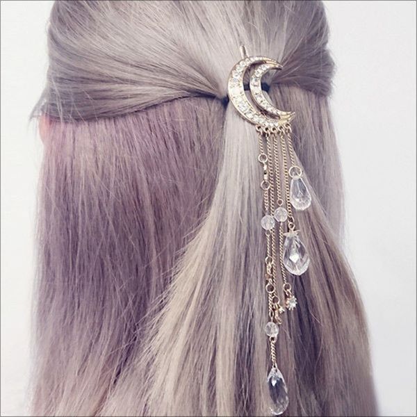 

fashion moon long tassels crystal hairpins rose gold hair clips for women girls hair accessories jewelry bijoux mother gift, Golden;silver