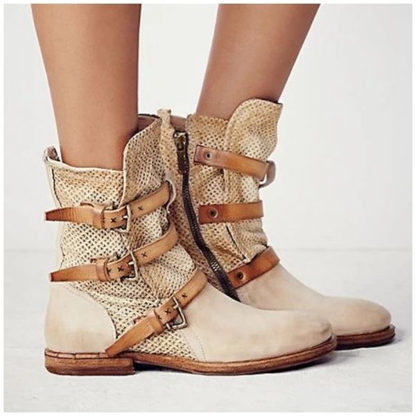 

women's boots flat round toe shoes breathable solid color retro buckles shoes comfortable women office party western boots, Black