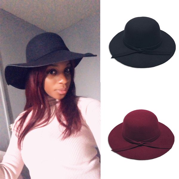 

stingy brim hats vintage casual fedora cap wide dome women hat female lady wool bowknot floppy autumn winter, Blue;gray