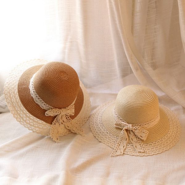 

wide brim hats summer women sweet lace bow-knot all-match beach travel sunscreen solid color casual sun hat, Blue;gray