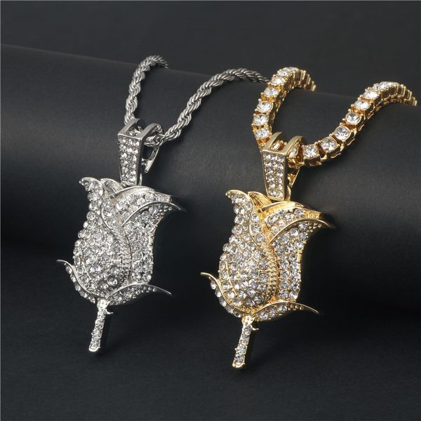 

bling bling rhinestone rose petals pendant necklace gold/silver color tennis chain necklace men women flower hiphop jewelry gift
