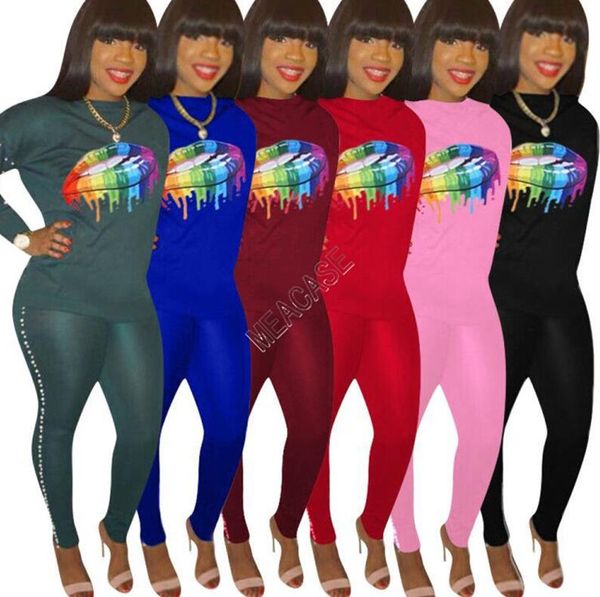 

women lips print tracksuit rainbow big mouth pullover t-shirt leggings sweatsuit 2pcs autumn winter hoodies sweatshirts pants outfits d91609, White