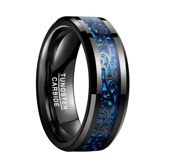 

blue carbon fiber black vine pattern tungsten ring usa size 7-12, Silver