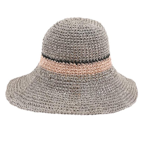 

sunscreen straw hat, fisherman hat, color hand-woven sunshade, striped dome, curling, big brim, female hat, Blue;gray