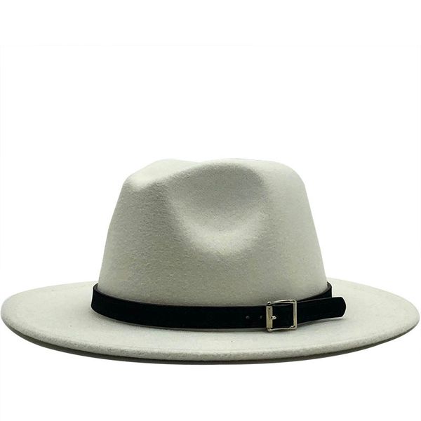 

men women wide brim wool felt fedora panama hat with belt buckle jazz trilby cap party formal hat in white,black 58-60cm, Blue;gray