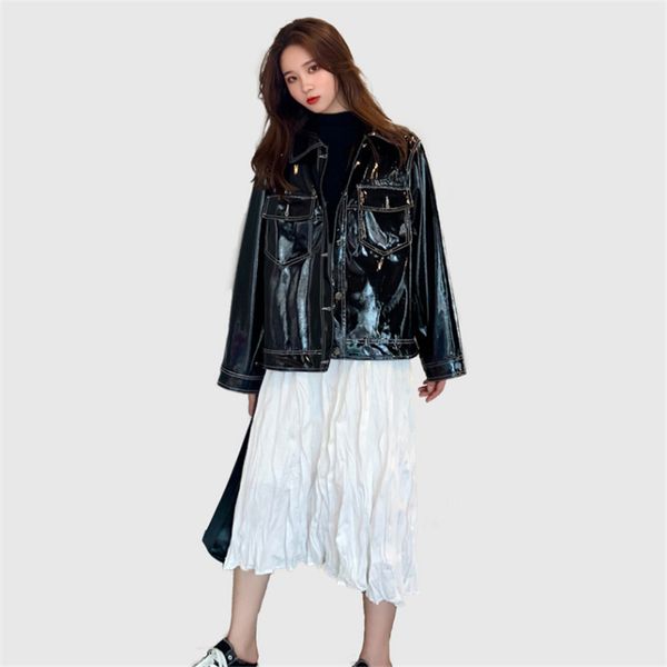 

soft leather jacket 2020 spring women long sleeve fall clothes for women plus size reflective faux leather women, Black