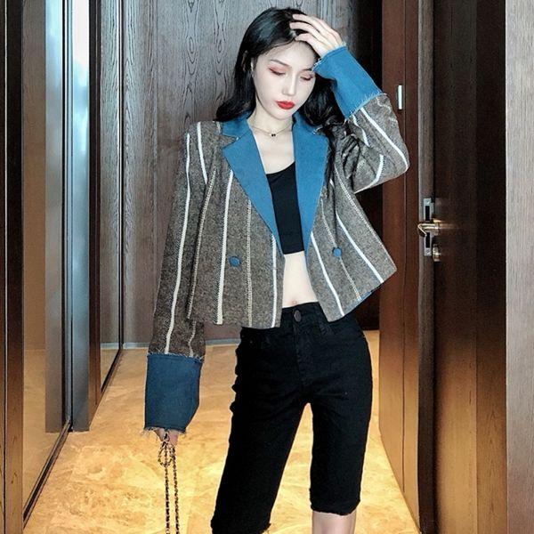 

women blazers and jackets double breasted notched striped short and blouses women's clothing blusas mujer de moda new, White;black