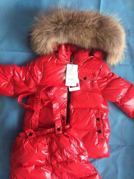

winter snowsuit baby boy 90% duck down outdoor infant overcoat raccoon fur down jacket+overalls 2pcs/set red matte for kids, Blue;gray