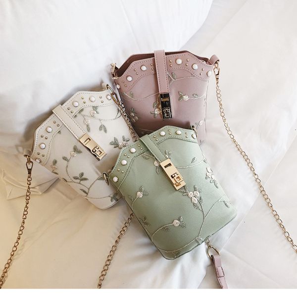 

lace flower bucket women handbags pu leather shoulder bag small embroidered crossbody purse