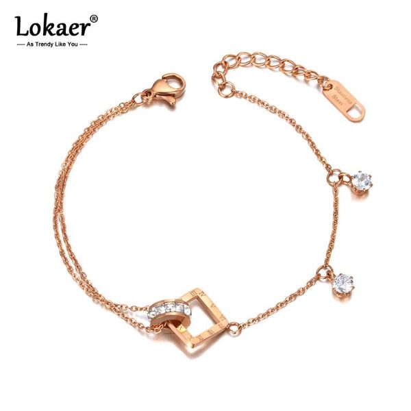 

charm bracelets lokaer titanium stainless steel circle square cz crystal for women trendy roman numerals chain bracelet b20070, Golden;silver