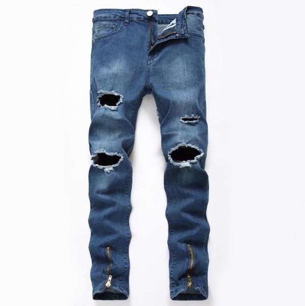 

men's jeans spring arrival summer knee holes blue skinny destroyed ripped zippers high elastic hip hop pants us size 28-42