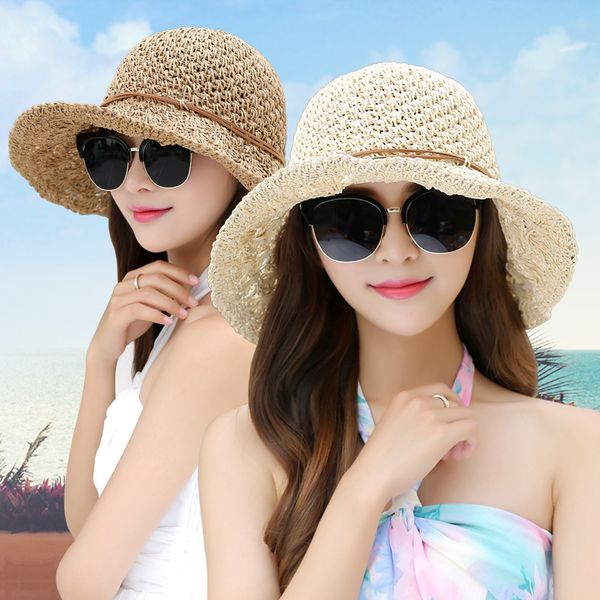 

summer sun hat women straw visor hats beach sun protection female korean version folding holiday breathable pure color caps h246, Blue;gray