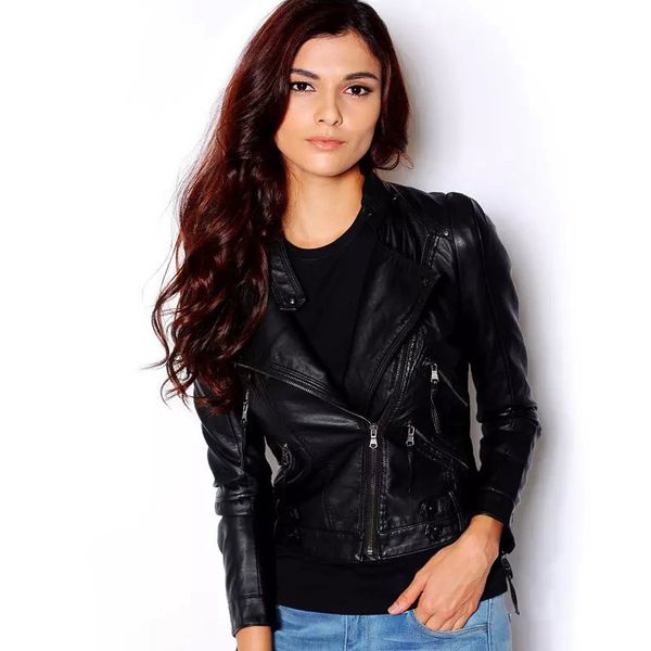 

women's leather & faux pu jacket autumn fashion bright colors black motorcycle coat short biker soft female