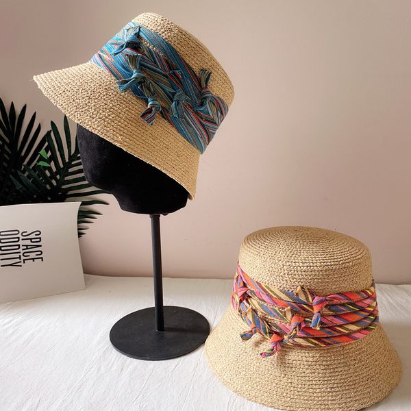 

stingy brim hats 2021 high end bohemia style straw hat summer sunblock rope knot ribbon basin seaside beach holiday casual bucket, Blue;gray
