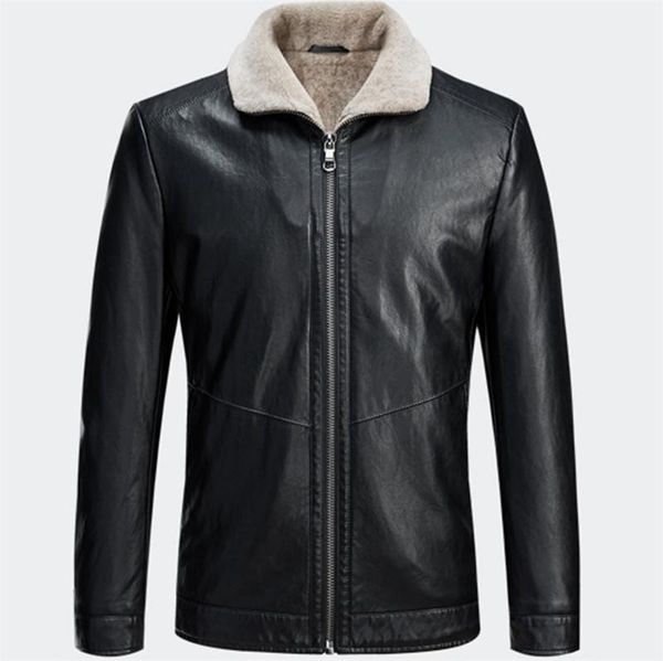 

мода тонкий вскользь apperal зимы mens thicker кожа пальто отворотом шеи длинным рукавом молния поддельный lesther, Black
