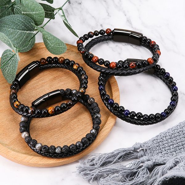 

fashion men jewelry natural stone genuine leather bracelet black stainless steel magnetic clasp tiger eye bead bracelet men, Golden;silver