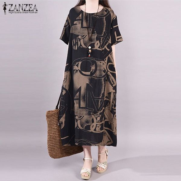 

women's summer printed dress zanzea 2020 vintage sundress female short sleeve tunic vestidos mid-calf robe femme oversized 5xl, White;black