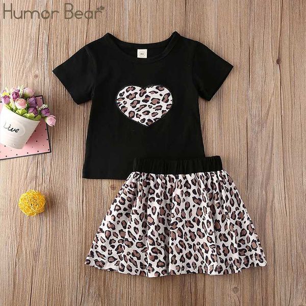 

humor bear summer baby girls clothes set 2pcs toddler kids short sleeve love heart leopard print t-shirt pleated skirt outfit, White