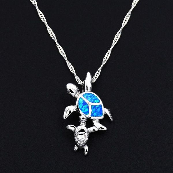 

chains ocean blue fire opal pendant necklace sea turtle mom and baby, Silver
